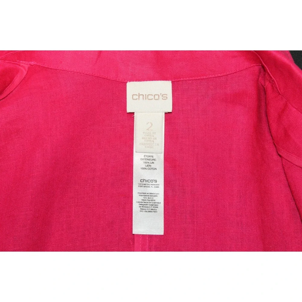 Chico's Size 2 Pink Linen Embroidered Cutwork Jacket Open Front 3/4 Sleeve